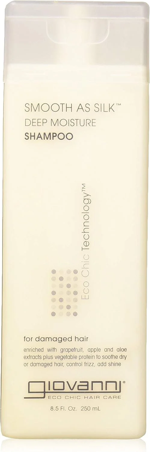 شامپو مرطوب کننده عمیق جیووانی مدل Smooth As Silk | برای موهای آسیب دیده | افزایش درخشندگی و صاف کردن موهای خشک یا آسیب دیده | آرام کردن موهای وز و نامنظم | 250 میلی لیتر