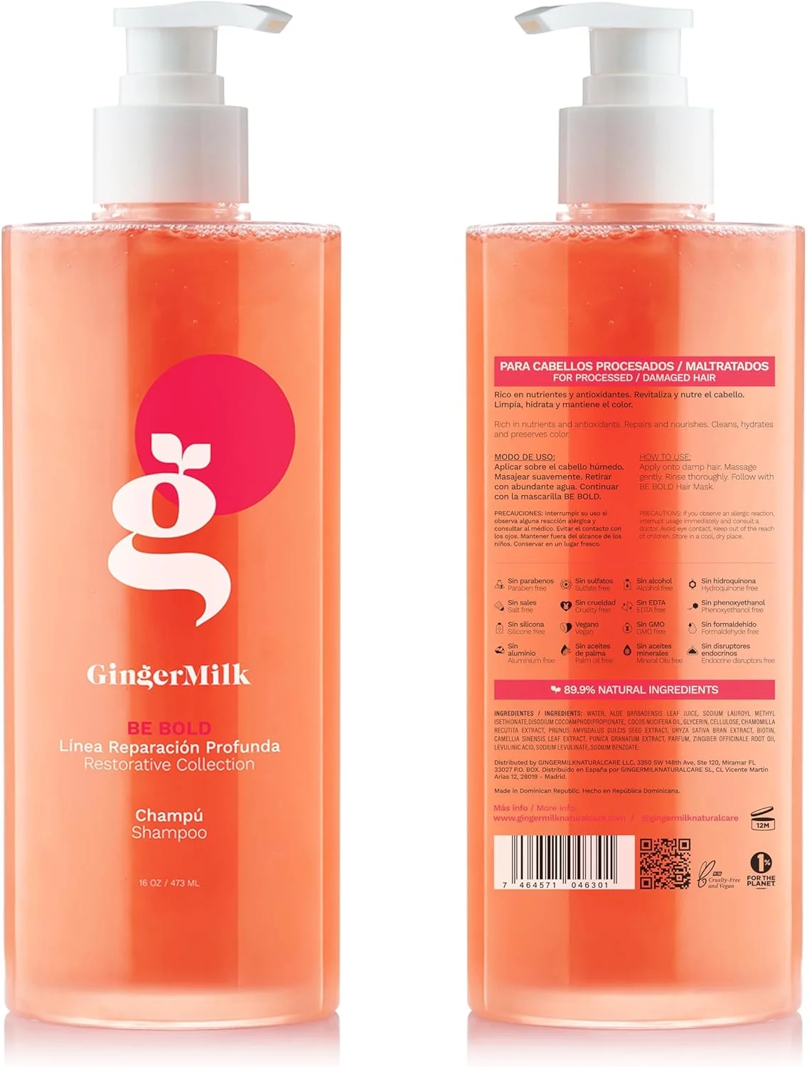 شامپو ترمیم کننده قوی شیر زنجبیل برای موهای خشک/آسیب دیده ناشی از رنگ کردن، فرآیندهای شیمیایی، ابزارهای حالت دهنده داغ و سشوار | BE BOLD