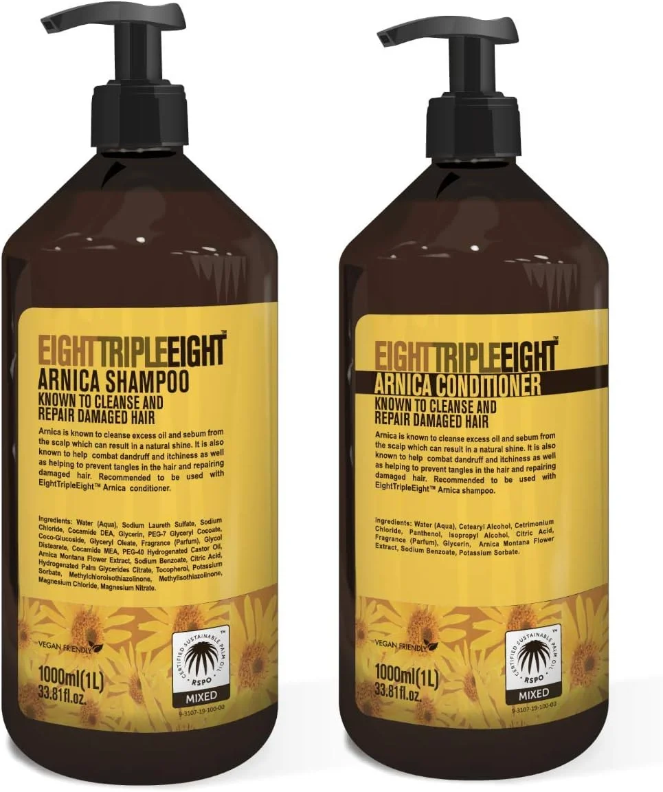 شامپو آرنیکا Eight Triple Eight حجم ۱ لیتر. آرنیکا به پاکسازی چربی اضافی و سبوم از پوست سر کمک می کند که می تواند در مبارزه با شوره سر و خارش موثر باشد. همچنین به جلوگیری از گره خوردن موها کمک می کند و به موها درخشندگی طبیعی می بخشد و موهای آسیب دیده را ترمیم می کند. برای بهترین نتیجه، توصیه می شود این شامپو را با نرم کننده آرنیکا Eight Triple Eight™ استفاده کنید.