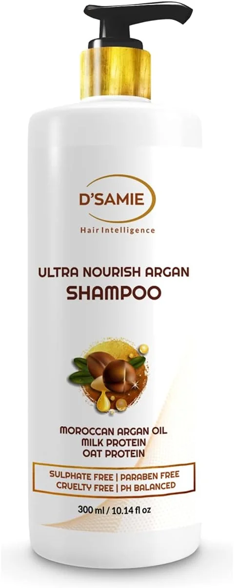 شامپو آرگان مغذی D'SAMIE | - بهترین برای موهای آسیب دیده، خشک، مجعد یا وز - ضخیم کننده برای موهای نازک/کم پشت | استفاده روزانه | برای آقایان و بانوان (300 میلی لیتر)