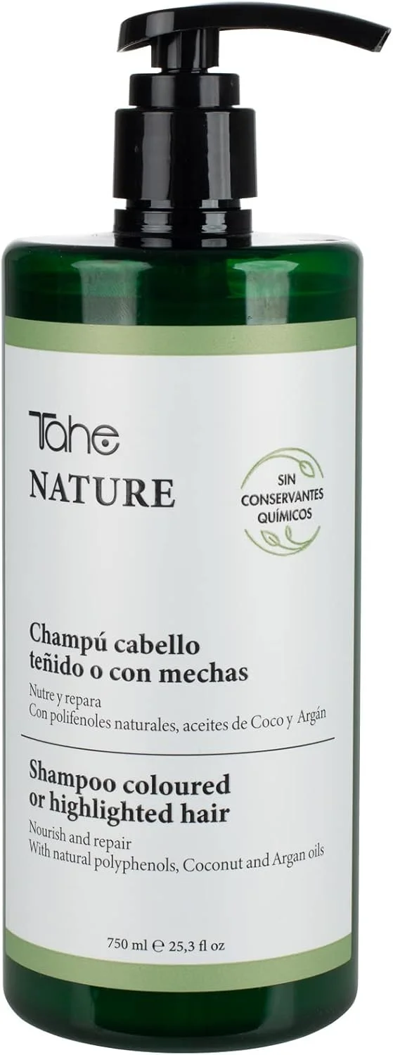 شامپو بدون سولفات تاهه نیچر مخصوص موهای رنگ شده یا هایلایت شده حاوی پلی فنول های طبیعی، روغن نارگیل، روغن آرگان و شمعدانی، 750 میلی لیتر