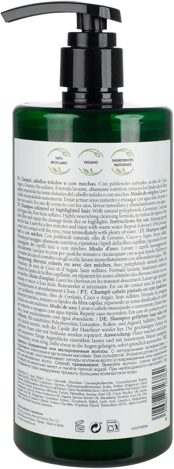 شامپو بدون سولفات تاهه نیچر مخصوص موهای رنگ شده یا هایلایت شده حاوی پلی فنول های طبیعی، روغن نارگیل، روغن آرگان و شمعدانی، 750 میلی لیتر