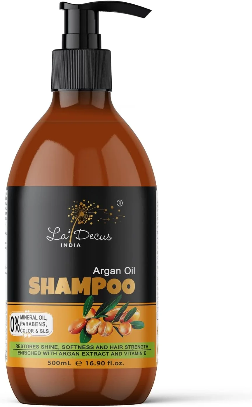 شامپو روغن آرگان La' Decus INDIA غنی شده با عصاره آرگان مراکشی ارگانیک، بازگرداننده درخشندگی و نرمی (500 میلی لیتر)