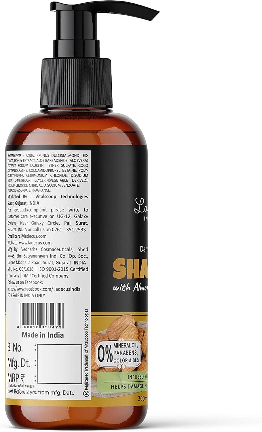 شامپو ترمیم کننده موهای آسیب دیده La' Decus INDIA با عصاره بادام و عسل (200 میلی لیتر)