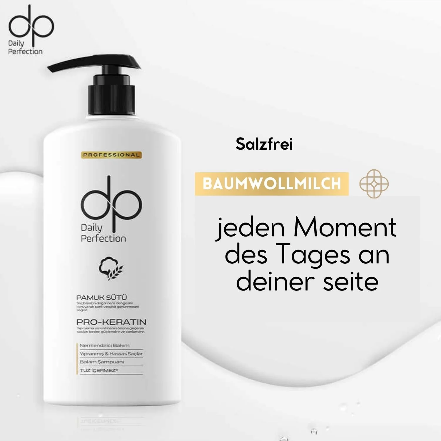 شامپو روزانه پرفکشن dp - بدون نمک - حاوی کراتین و بیوتین - ترمیم کننده و مغذی - برای انواع مو - انواع مختلف - 425 میلی لیتر (شیر پنبه)