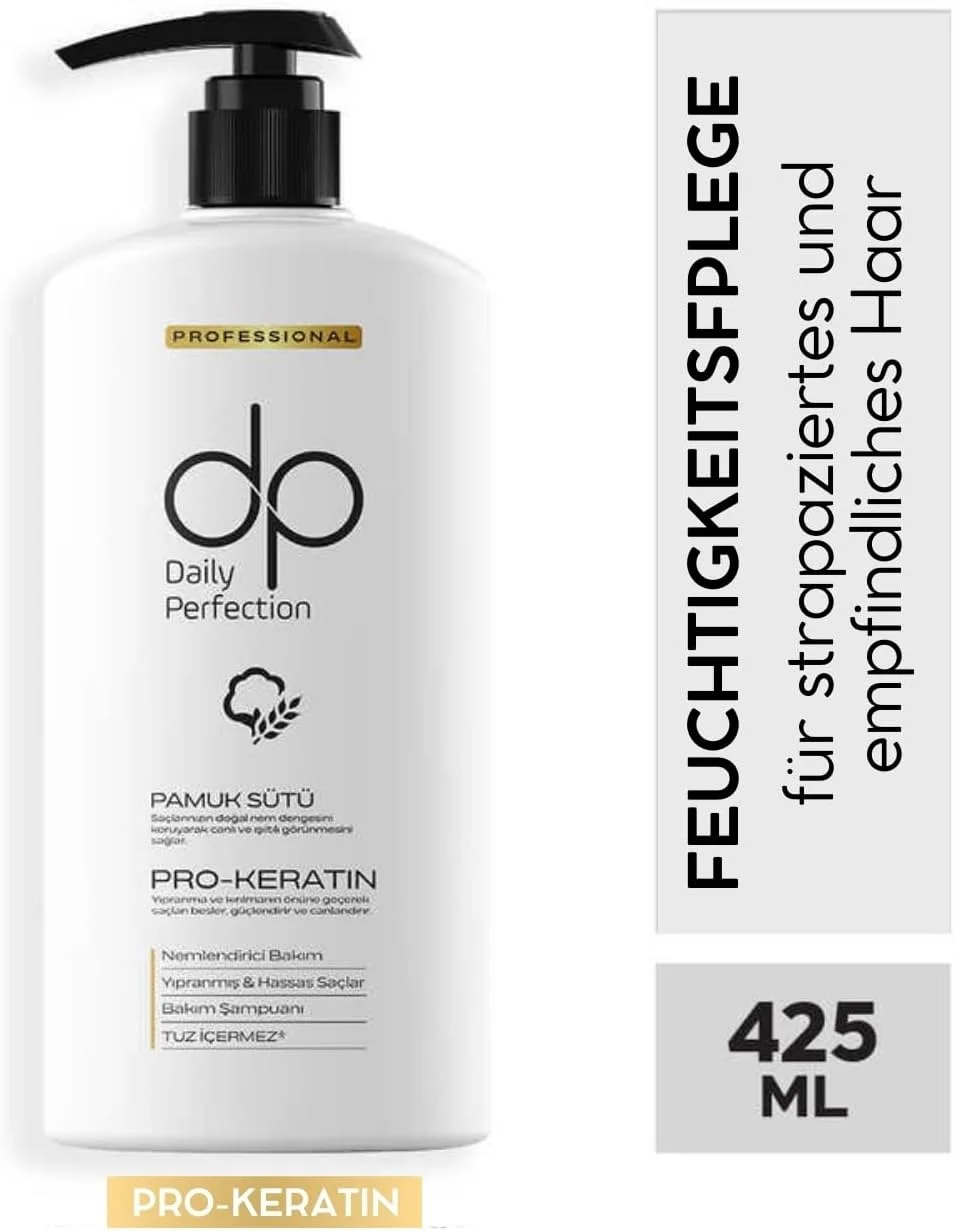 شامپو روزانه پرفکشن dp - بدون نمک - حاوی کراتین و بیوتین - ترمیم کننده و مغذی - برای انواع مو - انواع مختلف - 425 میلی لیتر (شیر پنبه)