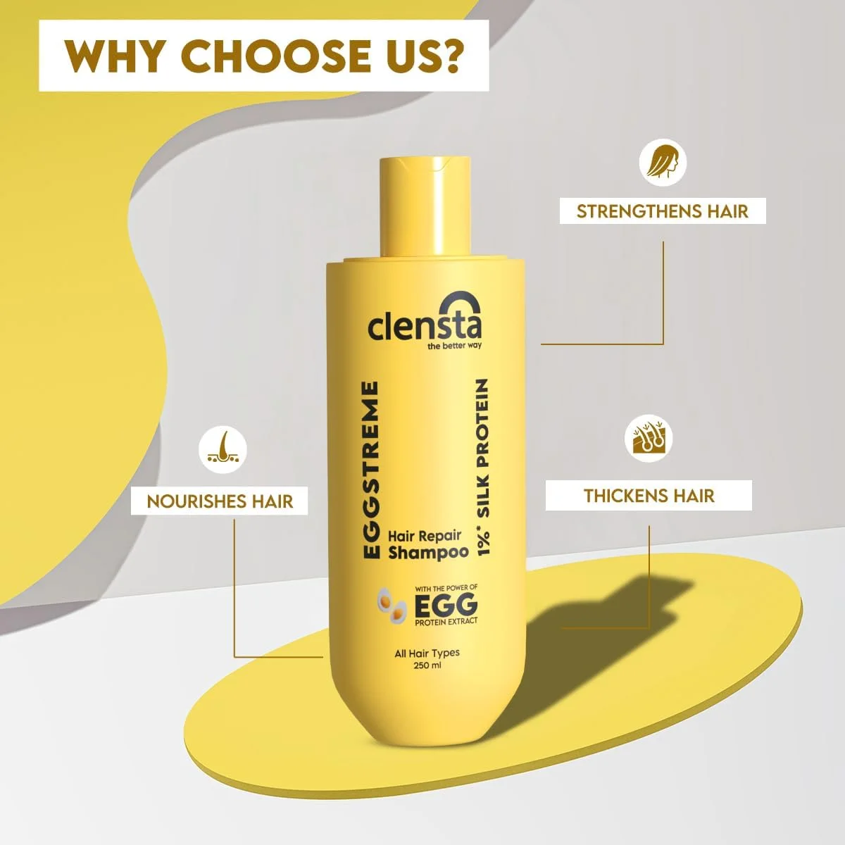 شامپو ترمیم کننده مو Clensta Eggstreme با پروتئین تخم مرغ، بیوتین و پروتئین ابریشم هیدرولیز شده | تقویت کننده و ترمیم کننده موهای آسیب دیده | بدون سولفات و پارابن | مناسب برای آقایان و بانوان - 250 میلی لیتر
