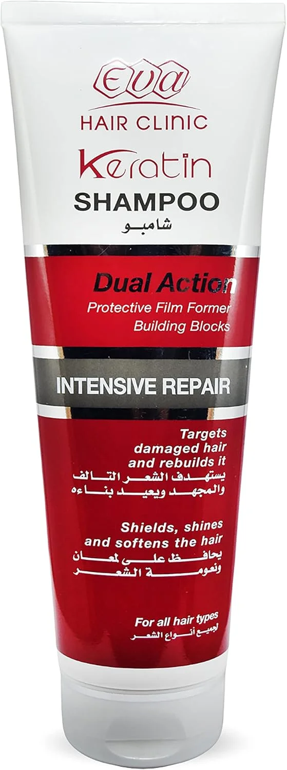 شامپو کراتین Eva Hair Clinic با عملکرد دوگانه و ترمیم کننده قوی (230 میلی لیتر) - مناسب موهای آسیب دیده و تحت فشار، بازسازی و حفظ درخشندگی و لطافت برای انواع مو