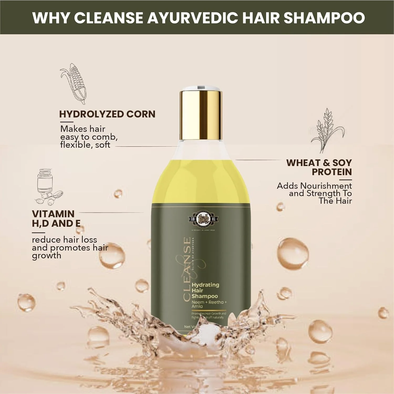 شامپو آبرسان مو آیورودیک کلینز (200 میلی لیتر) با آملا، ریتا و نیم | شامپو ضد شوره ویتامین D، H و E برای موهای خشک و وز، شامپو مغذی عمیق و طبیعی برای زنان و مردان