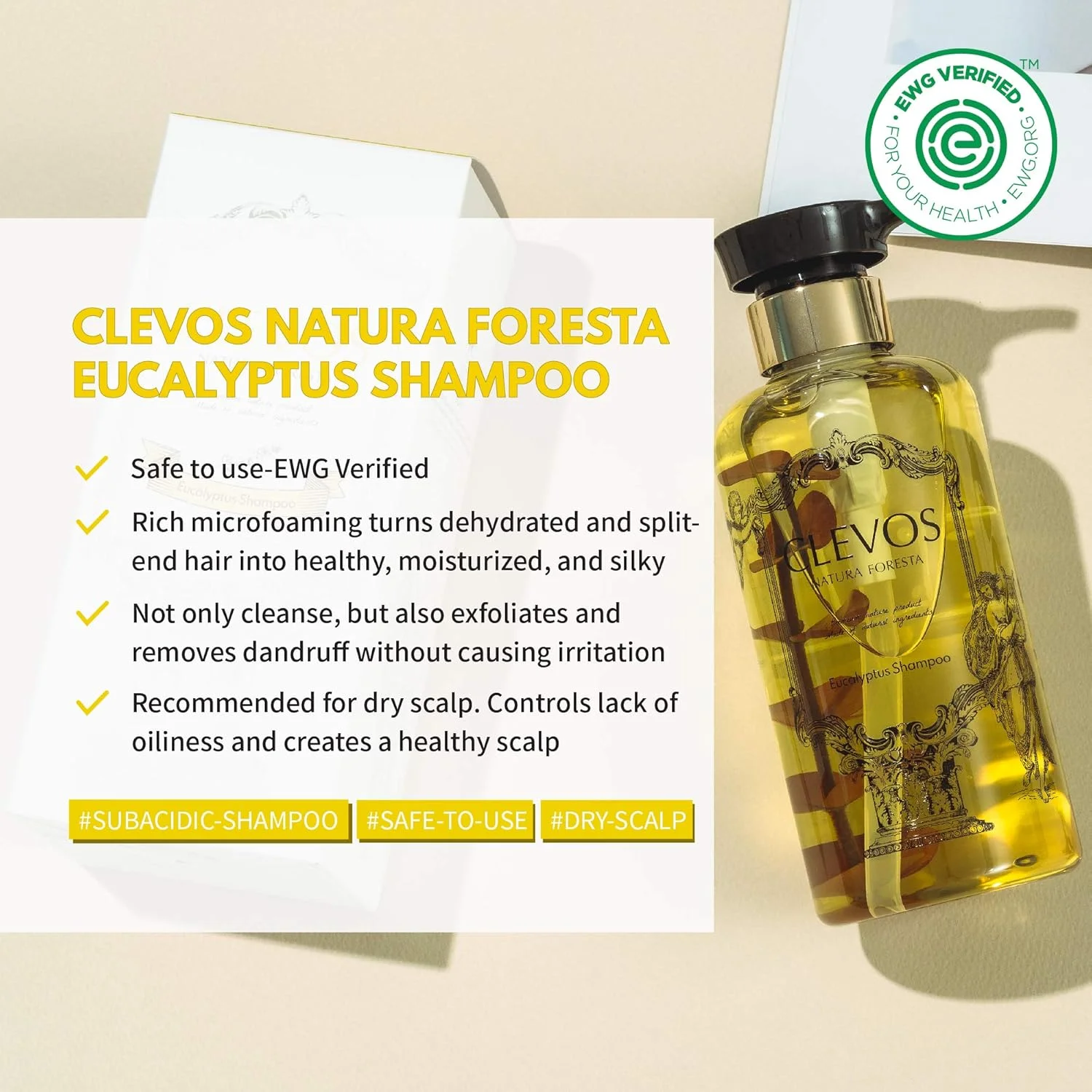 شامپو ارگانیک Clevos (اکالیپتوس) - Natura Foresta برای پوست سر خشک و حساس، اکالیپتوس 530 میلی لیتر، 17.9 fl.oz. به همراه تونر اسانس غنی Whamisa Deep Rich و کرم Makep:rem تماماً طبیعی، بدون سولفات، EWG VE...