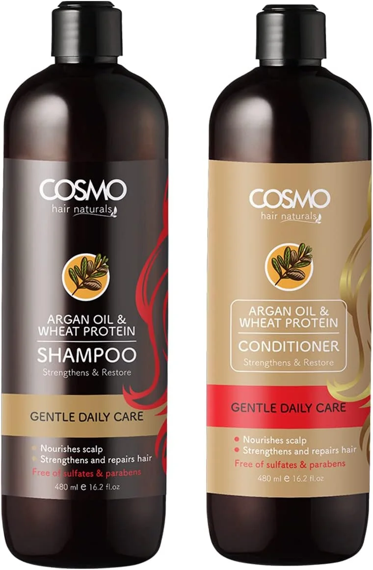 مجموعه دوتایی شامپو و نرم کننده روزانه ملایم حاوی روغن آرگان و پروتئین گندم سی دی COSMO DESIGNS، حجم 480 میلی لیتر، مناسب برای آقایان و بانوان