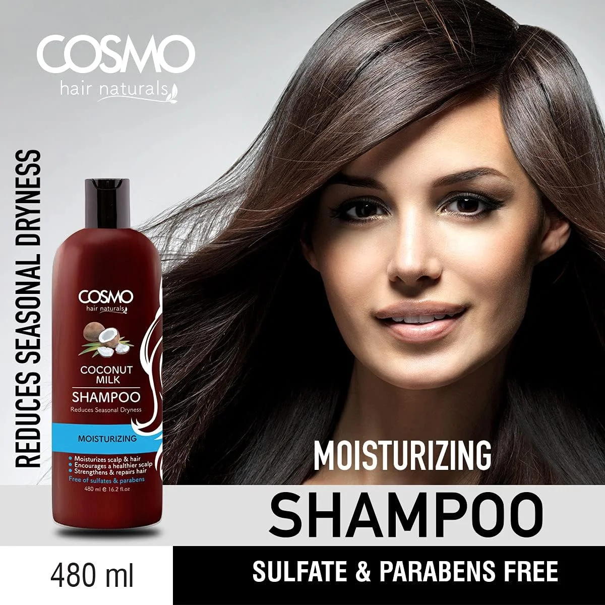 شامپو مو شیر نارگیل نچرالز سی دی COSMO DESIGNS مناسب انواع مو، ۴۸۰ میلی لیتر، مرطوب کننده، پوست سر سالم تر، تقویت کننده و ترمیم کننده مو