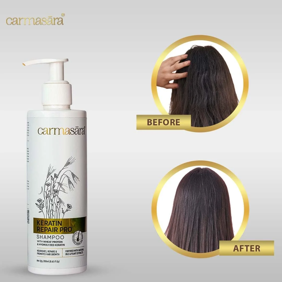 شامپو ترمیم کننده کراتین کارماسارا - 200 میلی لیتر مناسب موهای ضعیف و آسیب دیده | تغذیه، ترمیم و تقویت رشد مو | روغن های طبیعی و عصاره های گیاهی | ضد شوره | مناسب انواع مو | فاقد سولفات و پارابن