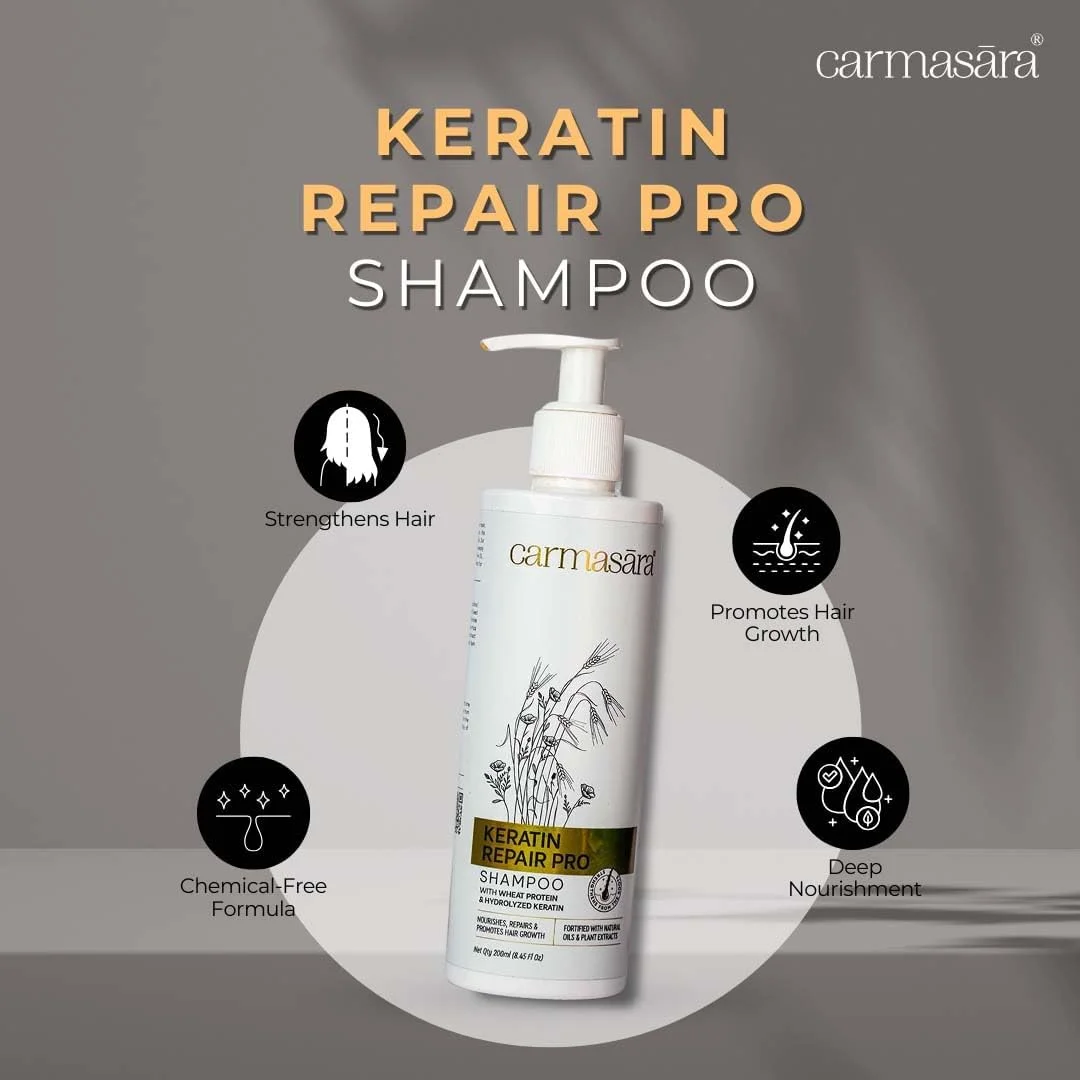 شامپو ترمیم کننده کراتین کارماسارا - 200 میلی لیتر مناسب موهای ضعیف و آسیب دیده | تغذیه، ترمیم و تقویت رشد مو | روغن های طبیعی و عصاره های گیاهی | ضد شوره | مناسب انواع مو | فاقد سولفات و پارابن