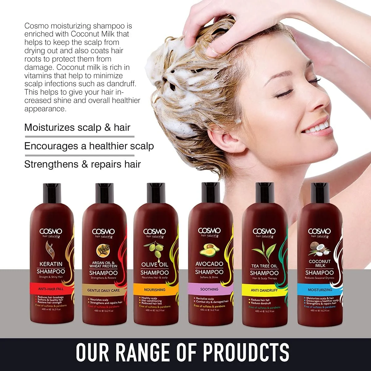 شامپو مو شیر نارگیل نچرالز سی دی COSMO DESIGNS مناسب انواع مو، ۴۸۰ میلی لیتر، مرطوب کننده، پوست سر سالم تر، تقویت کننده و ترمیم کننده مو