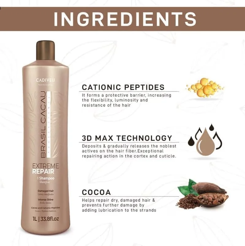 شامپو ترمیم کننده قوی برزیل کاکائو 1 لیتری - محافظت در برابر آسیب با موهایی براق، تغذیه شده و سالم تر