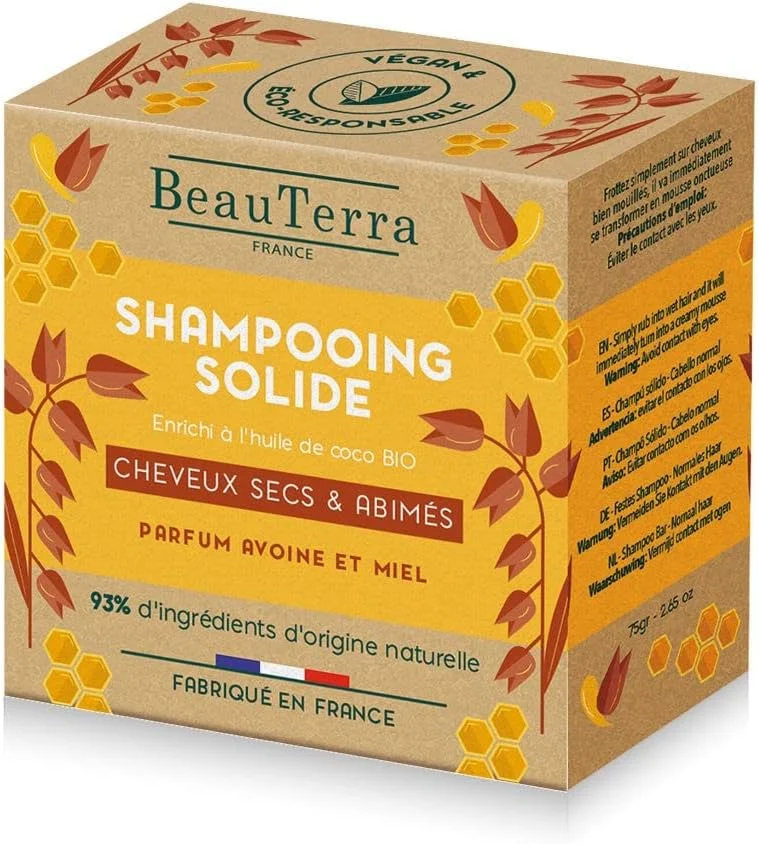 شامپو جامد جو دوسر و عسل BeauTerra - مناسب موهای خشک یا آسیب دیده - حاوی روغن نارگیل ارگانیک برای آبرسانی بهتر - 94% مواد طبیعی، وگان و زیست تخریب پذیر، بدون پسماند - 75 گرم