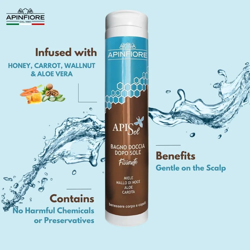 شامپو ملایم مو و پوست سر بعد از آفتاب Apinfiore – ترمیم کننده موهای آسیب دیده از آفتاب و تسکین دهنده پوست سر – غنی شده با عسل، پوست گردو، آلوئه ورا و هویج – 250 میلی لیتر