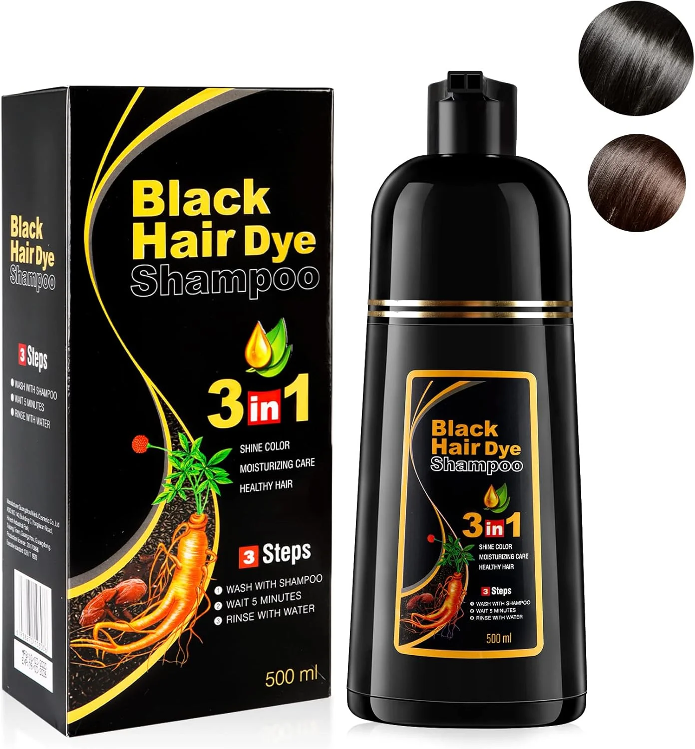 شامپو رنگ مو XTRANSF - شامپو رنگ مو مشکی برای زنان و مردان، پوشش موهای سفید و خاکستری، رنگ مو فوری 3 در 1، شامپو گیاهی 500 میلی لیتر