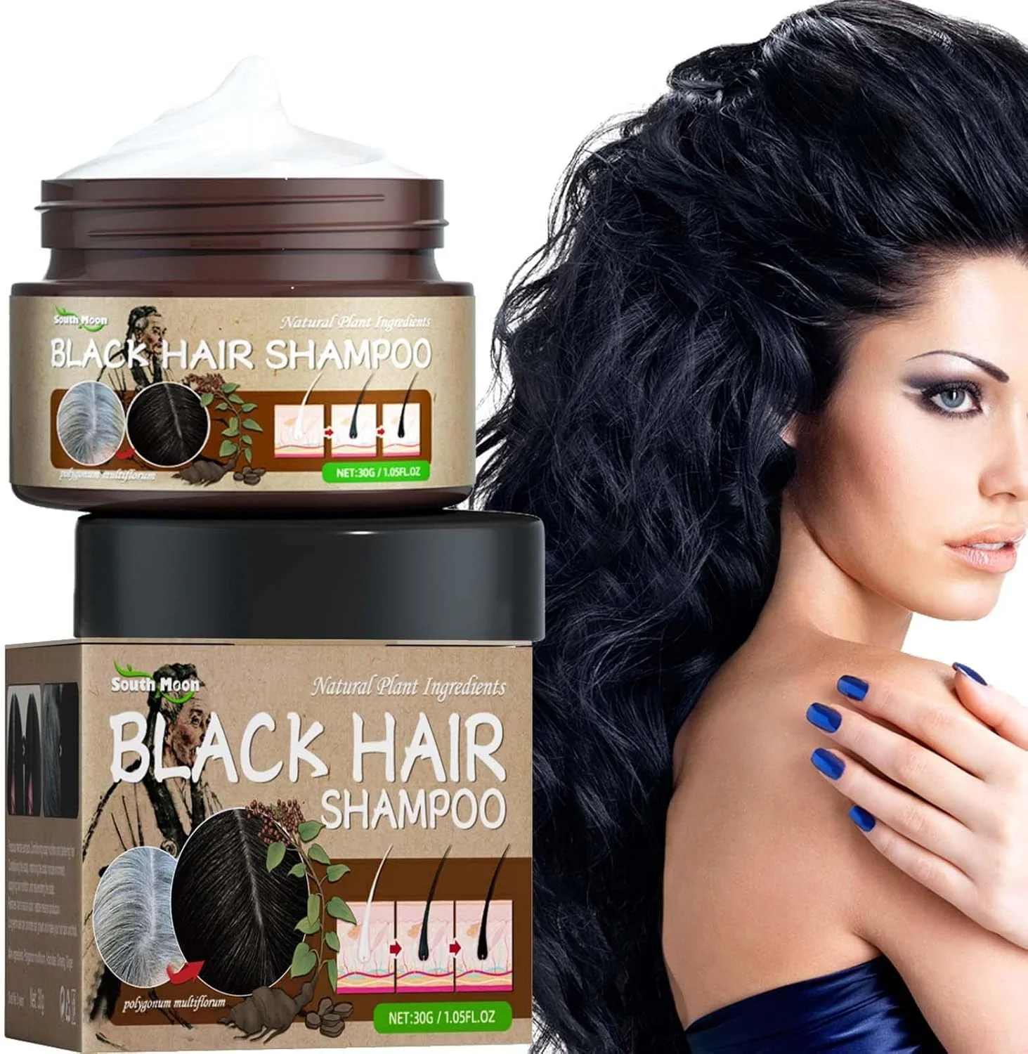 شامپو سفید به سیاه 2 عددی، شامپو سفید به سیاه 30 گرمی برای آقایان و بانوان | شامپو رنگ موی مشکی حاوی عصاره Polygonum برای پوشاندن موهای سفید و خاکستری