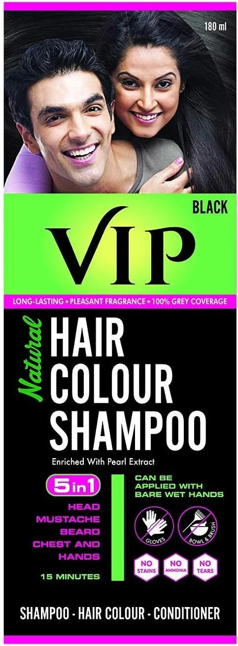شامپو رنگ مو VIP برای آقایان و بانوان - برای مو، ریش، سبیل و موهای بدن (180 میلی لیتر - مشکی)
