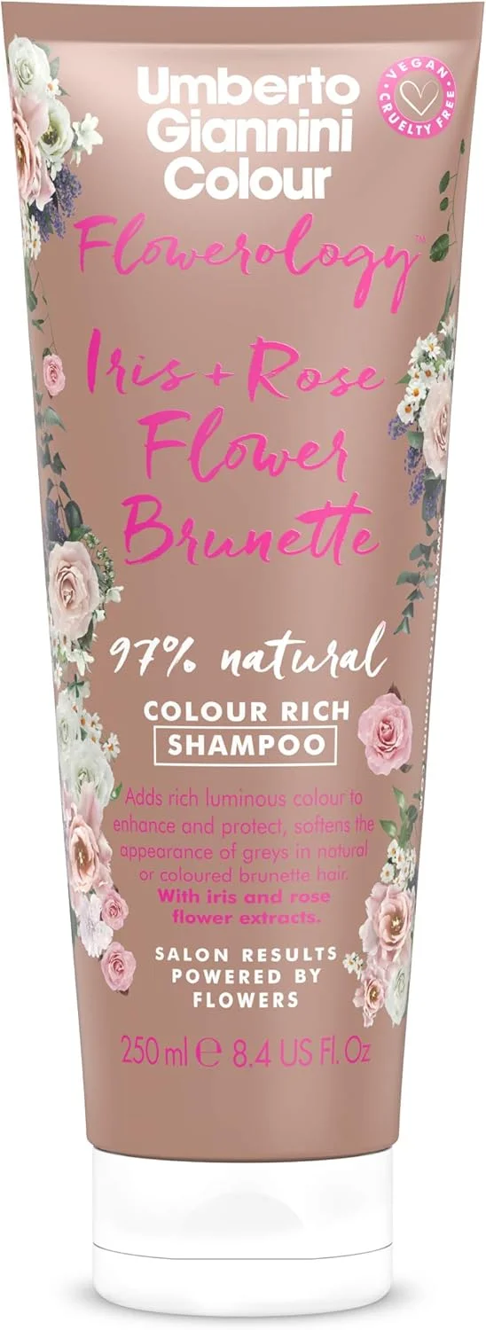 شامپو غنی کننده رنگ موی گیاهی قهوه ای تیره گل عنبیه و رز Umberto Giannini Flowerology (250 میلی لیتر)