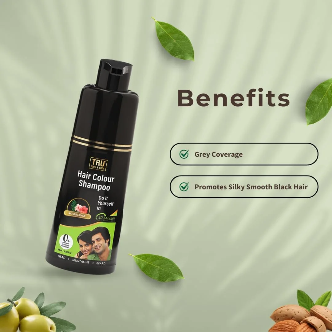 شامپو رنگ موی مشکی تررو هیر اند اسکین مناسب آقایان و بانوان | پوشش موهای سفید در 10 دقیقه | طبیعی، ایمن و ارگانیک با روغن بادام و حنا | رنگ ملایم برای سر، سبیل، ریش | بدون سولفات - 100 میلی لیتر