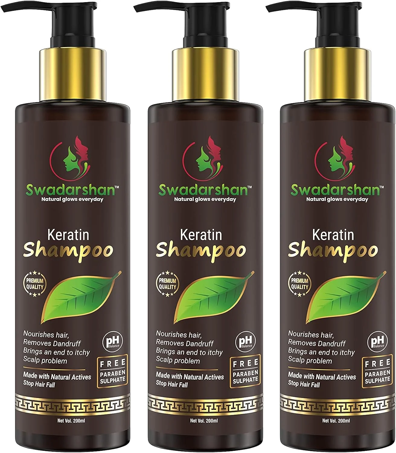 شامپو کراتین سوادارشَن برای درمان کراتینه مو با روغن دانه سیاه، پرو ویتامین B3، بدون پارابن، سولفات و رنگ، متعادل کننده PH | شامپو برای صاف و براق کردن مو (بسته 3 عددی (600 میلی لیتر))