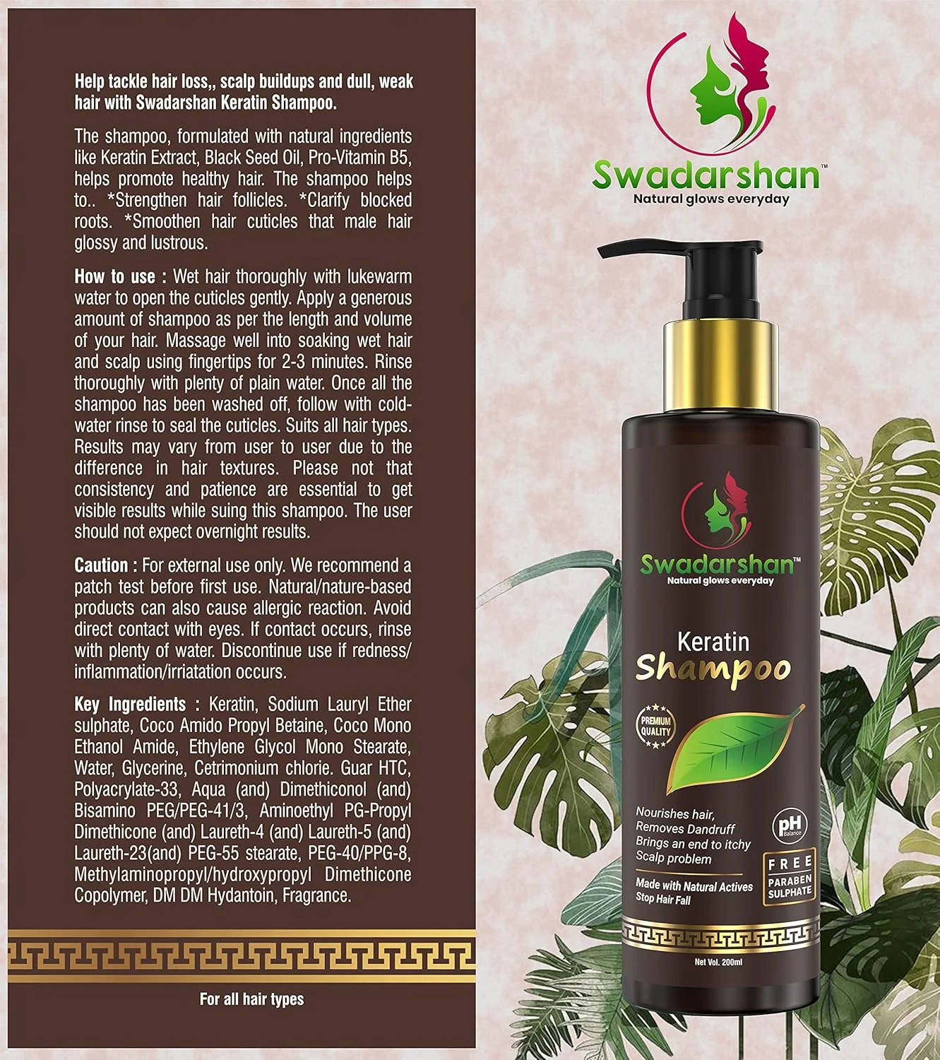 شامپو کراتین سوادارشَن برای درمان کراتینه مو با روغن دانه سیاه، پرو ویتامین B3، بدون پارابن، سولفات و رنگ، متعادل کننده PH | شامپو برای صاف و براق کردن مو (بسته 3 عددی (600 میلی لیتر))