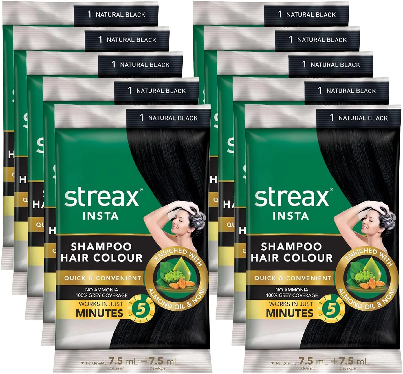 رنگ مو شامپویی فوری استریکس مناسب آقایان و بانوان | غنی شده با روغن بادام و عصاره نونی | رنگ فوری ماندگار | مشکی طبیعی، 15 میلی لیتر (بسته 10 عددی)