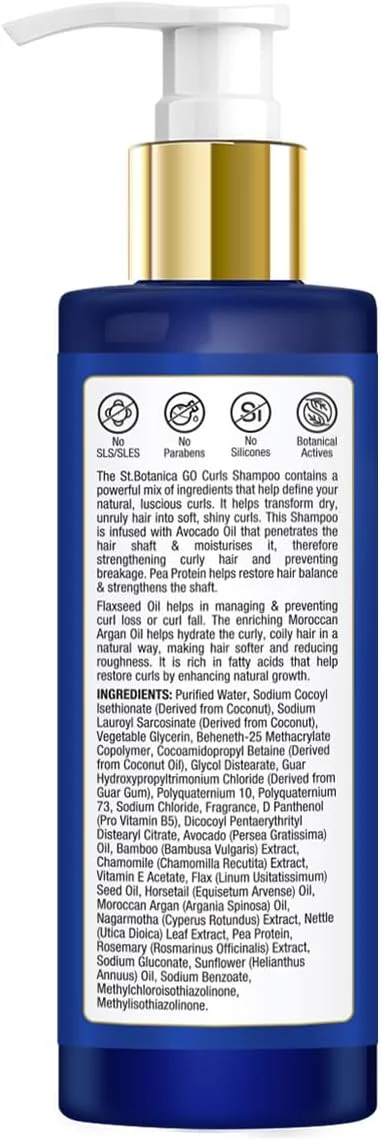 شامپو موی فر StBotanica GO Curls - حاوی روغن آووکادو، روغن تخم کتان، پروتئین نخود، بدون SLS/سولفات، پارابن، سیلیکون، رنگ، 200 میلی لیتر