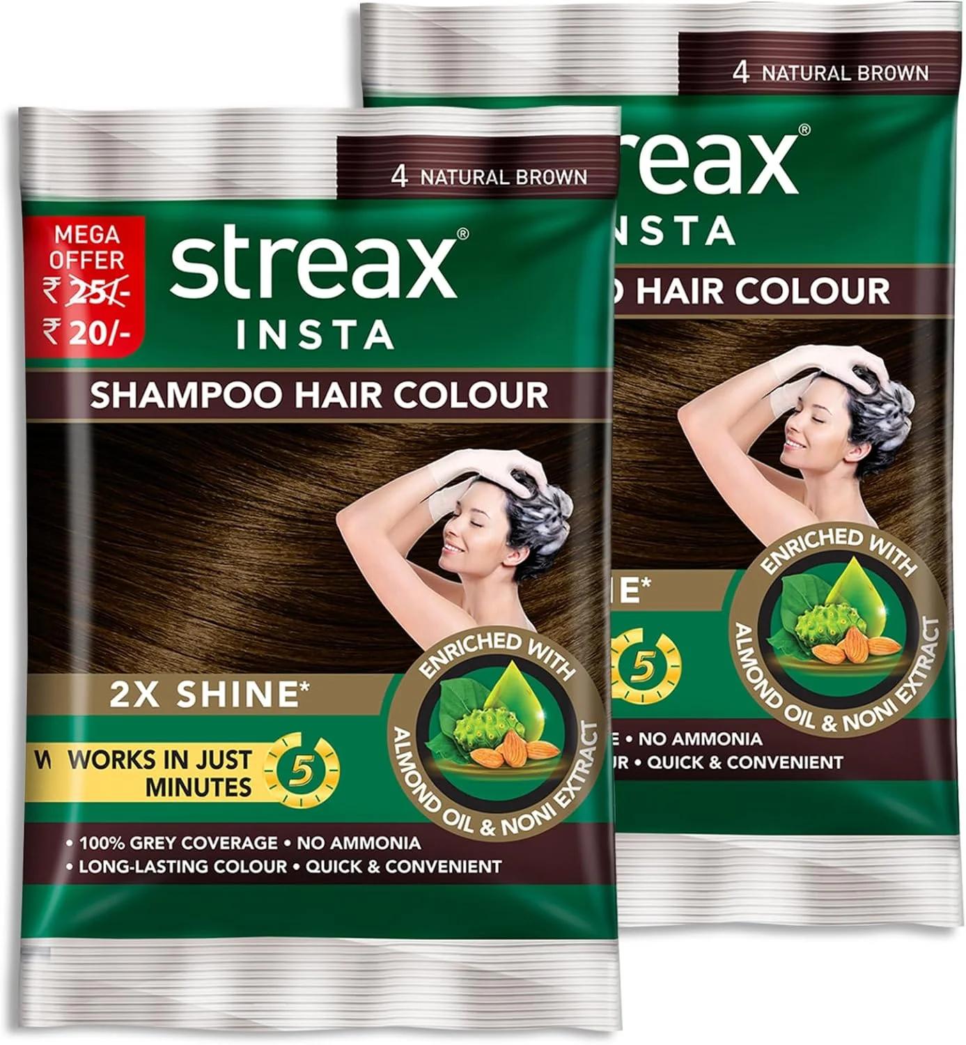 رنگ مو شامپویی فوری استریکس مناسب آقایان و بانوان | غنی شده با روغن بادام و عصاره نونی | رنگ فوری ماندگار | قهوه ای طبیعی، 15 میلی لیتر (بسته 16 عددی)