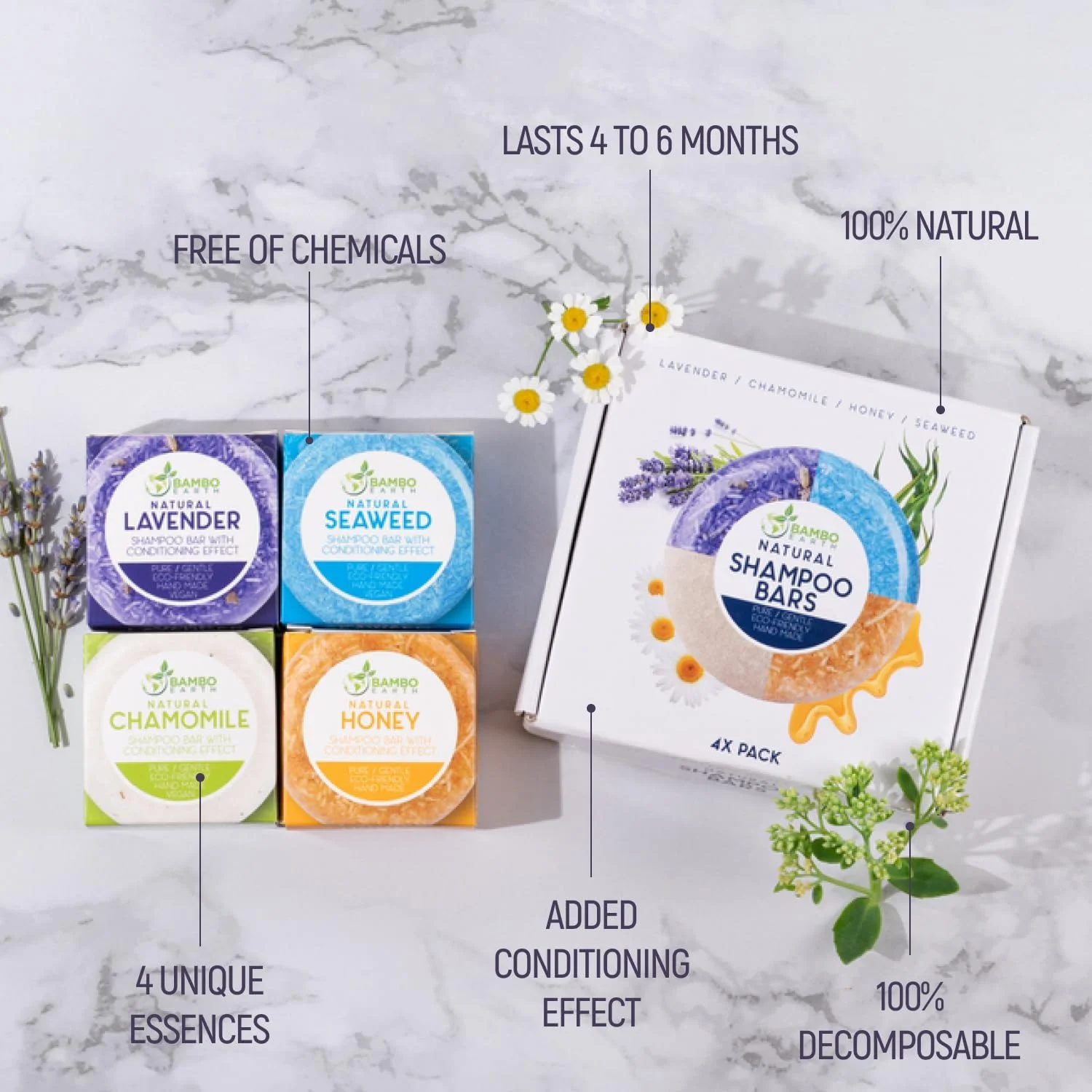 شامپو بار جامد و صابون مو با اثر نرم کننده - بسته 4 عددی شامپو بار 100% ارگانیک برای مو با روغن های ضروری گیاهی کاملا طبیعی و بسته بندی سازگار با محیط زیست و بدون زباله و تجزیه پذیر
