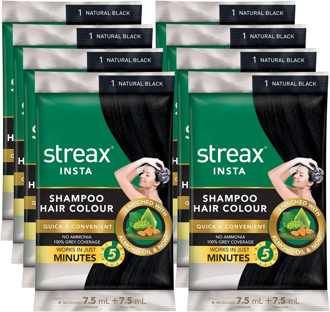 رنگ مو شامپویی فوری استریکس مناسب آقایان و بانوان | غنی شده با روغن بادام و عصاره نونی | رنگ فوری ماندگار | مشکی طبیعی | بسته 8 عددی - 15 میلی لیتر