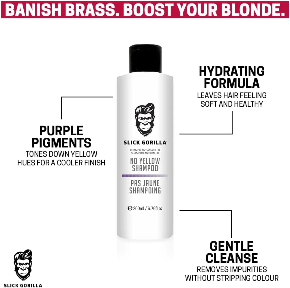 شامپو ضد زردی موهای بلوند اسلیک گوریلا، شامپو بنفش اصلاح کننده رنگ، از بین برنده تناژهای زرد، پاک کننده و تقویت کننده موهای بلوند، خاکستری، نقره ای، دودی، محصولات موی وگان، 200 میلی لیتر