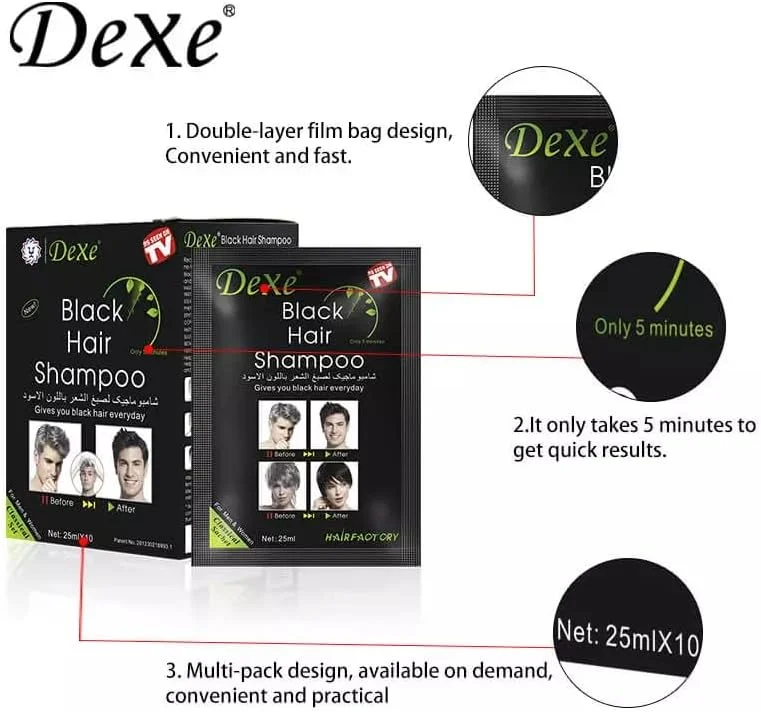 شامپو رنگ موی مشکی فوری Shine، رنگ 5 دقیقه ای - مناسب آقایان و بانوان، سریع، آسان برای استفاده، ماندگاری طولانی، تبدیل موهای سفید به مشکی (10 عدد ساشه 25 میلی لیتری (جعبه))