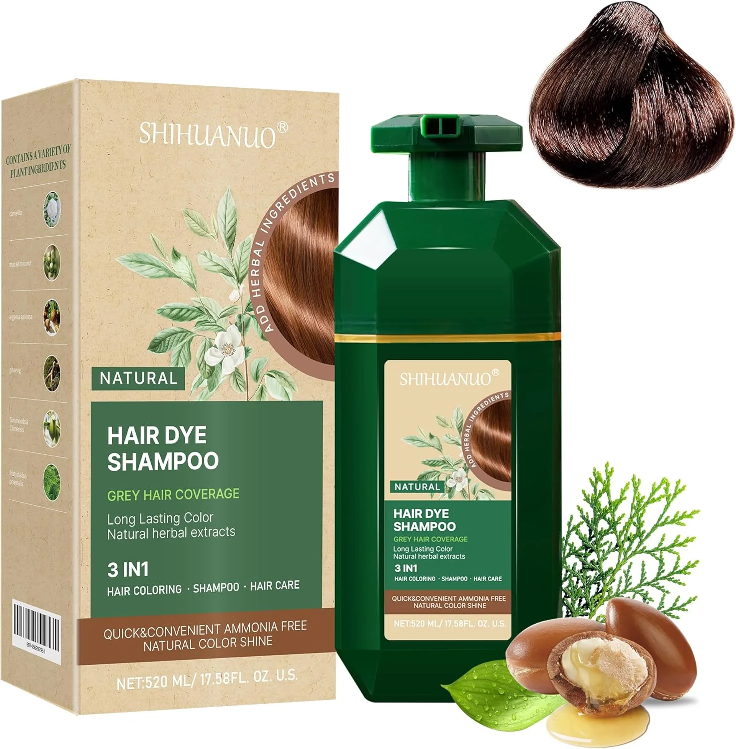 شامپو رنگ مو شیهوانو 3 در 1 برای پوشش موهای سفید، شامپو رنگ موی طبیعی با مواد گیاهی برای زنان و مردان / بدون آمونیاک 520 میلی لیتر (قهوه ای تیره) شامپو رنگ مو شیهوانو 3 در 1 برای پوشش موهای سفید، شامپو رنگ موی طبیعی با مواد گیاهی برای زنان و مردان / بدون آمونیاک 520 میلی لیتر (قهوه ای تیره)