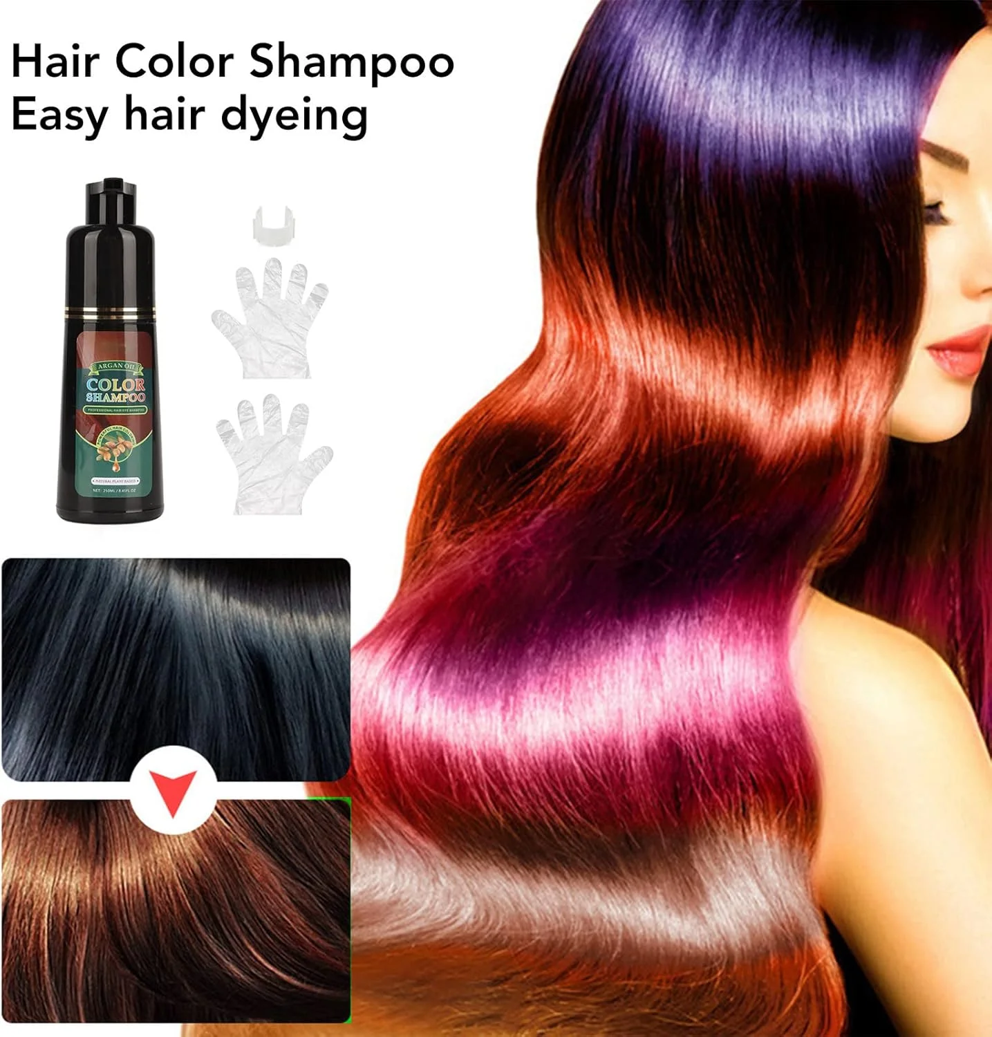 شامپو رنگ مو قهوه ای تیره 250 میلی لیتری، شامپو رنگ کننده سریع مو پوشش دهنده موهای سفید، شامپو رنگ مو مغذی، شامپو رنگ مو