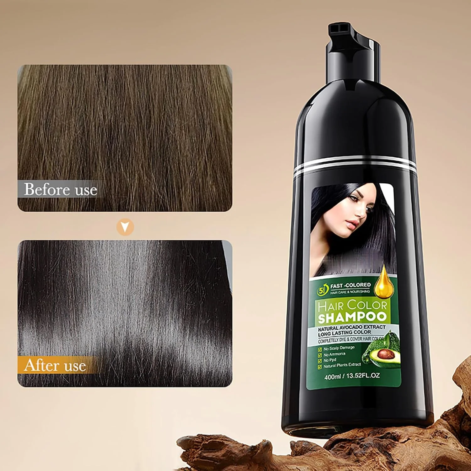 شامپو رنگ مو مشکی، شامپو رنگ مو 3 در 1 ضد موهای سفید، پوشش و مراقبت از موهای سفید در یک محصول، شامپو رنگ مو مغذی برای موهای خشک، شامپو ضد موهای سفید، 400 میلی لیتر