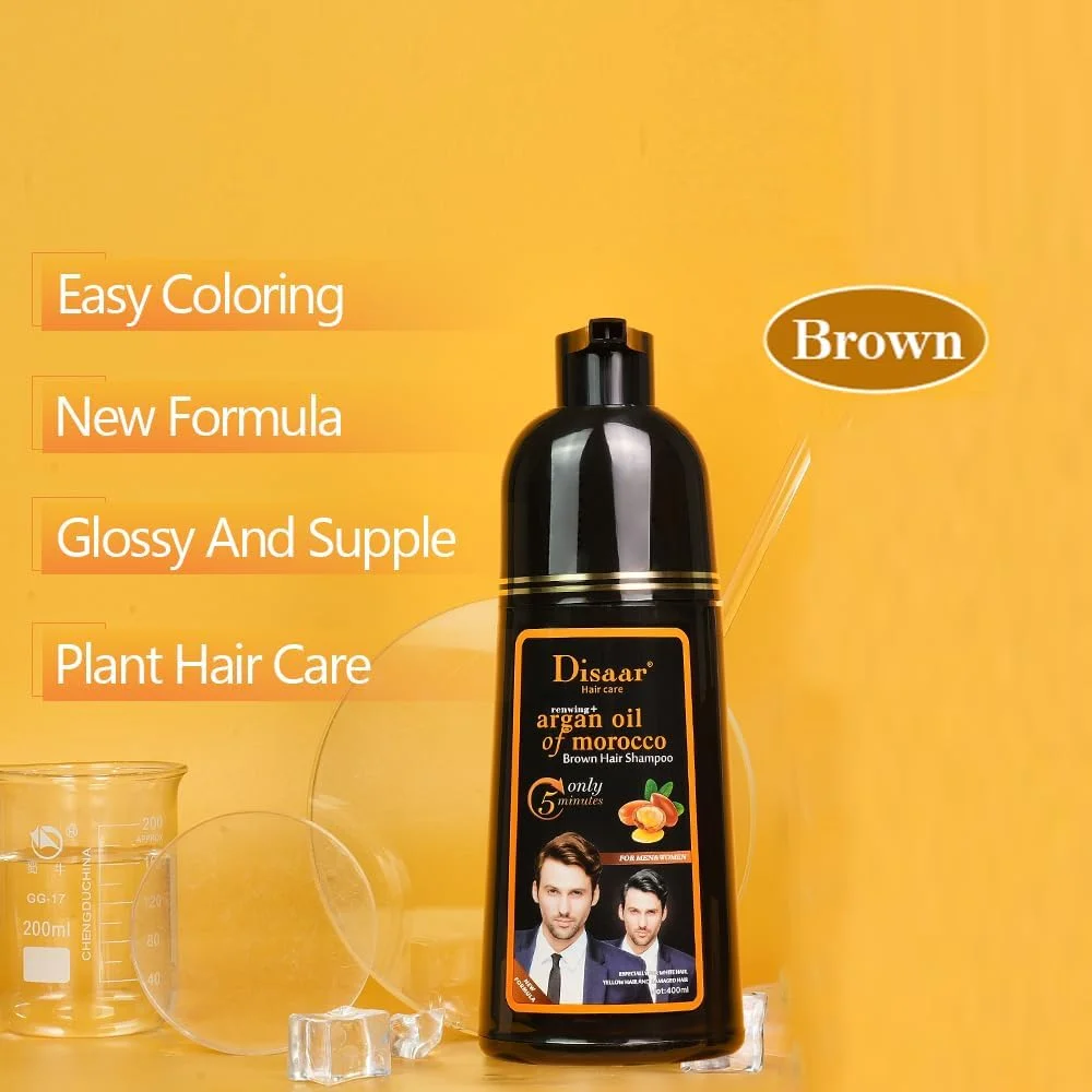 شامپو رنگ مو قهوه ای | شامپو رنگ مو دیسار حاوی روغن آرگان مراکش | رنگ مو فوری در 5 دقیقه | 500ml+500ml شامپو رنگ مو مغذی طبیعی