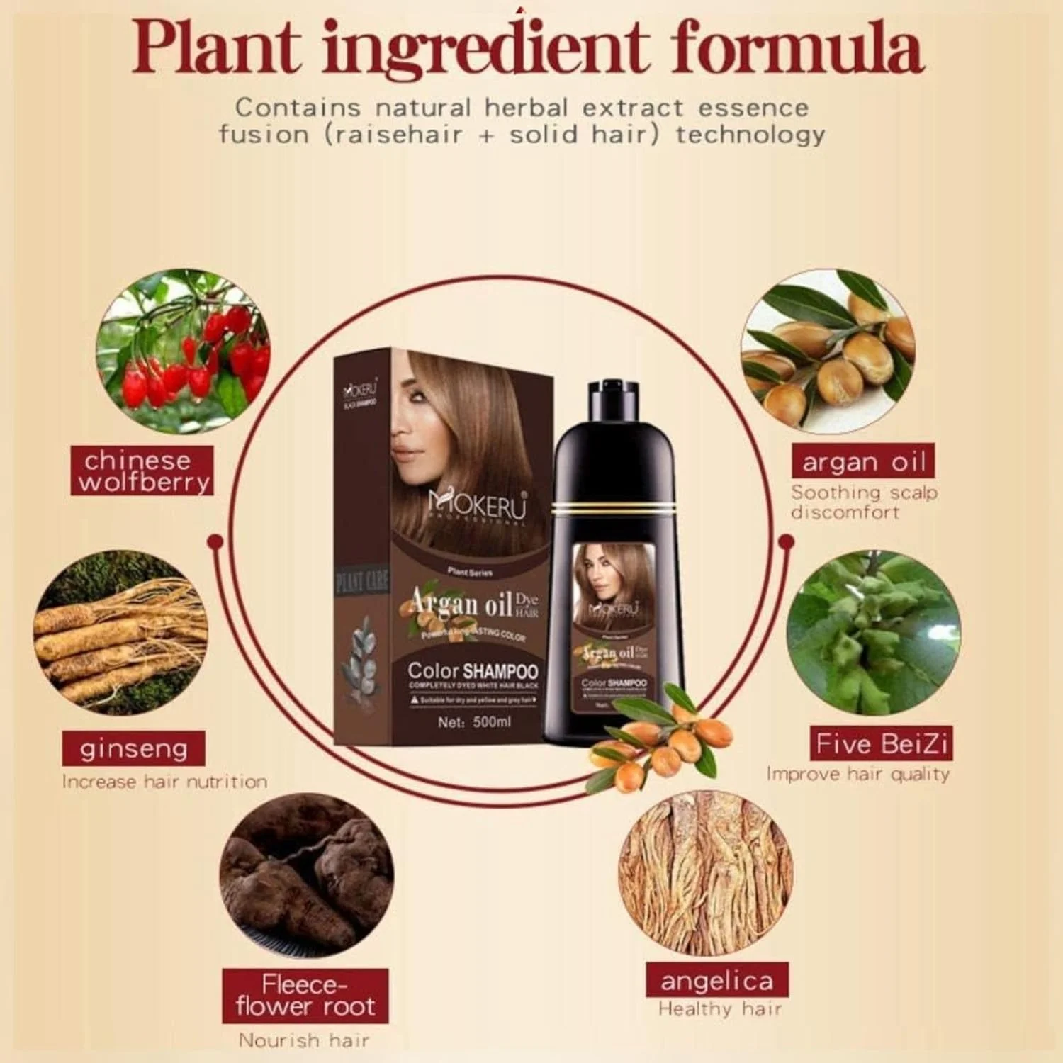 شامپو رنگ مو روغن آرگان موکِرو 500 میلی لیتر، شامپو رنگ مو مشکی طبیعی، رنگ فوری ماندگار، بدون ریزش مو، بدون کثیف شدن یقه، محافظت از آسیب مو، مناسب برای موهای سفید، زرد و خاکستری