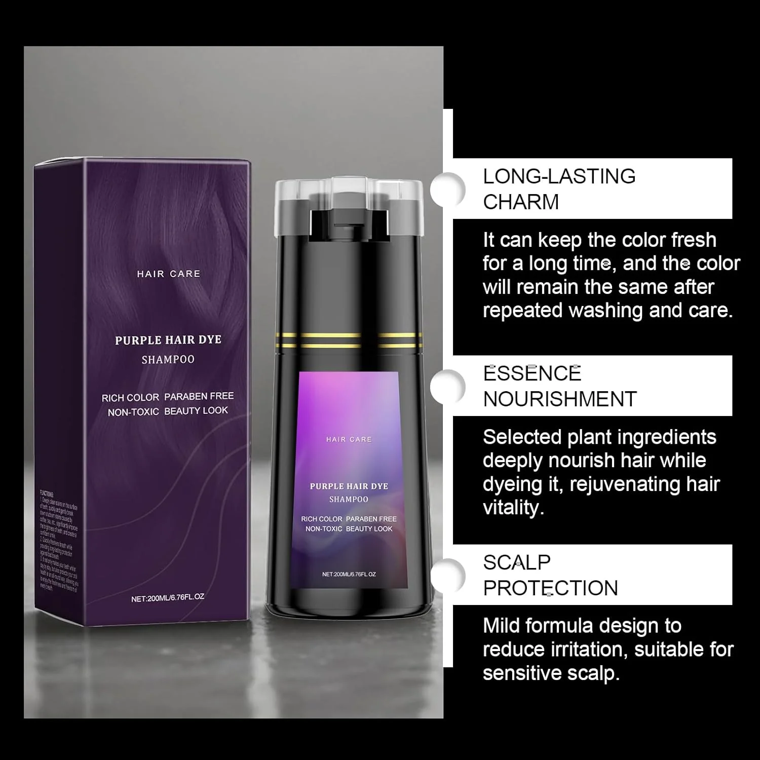 شامپو رنگ مو برای پوشش سریع و طبیعی رنگ - شامپو رنگ موی خاکستری برای زنان و مردان، با مواد طبیعی، استفاده آسان (بنفش، 200 میلی لیتر)