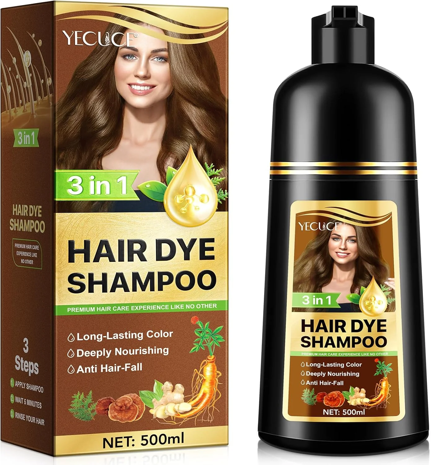 شامپو رنگ موی طبیعی 500 میلی لیتر، نتیجه رنگ موی ماندگار بدون کثیف کاری، رنگ کردن آسان و سریع مو در خانه، ایده آل برای موهای سفید و تناژهای قهوه ای تیره (قهوه ای تیره)