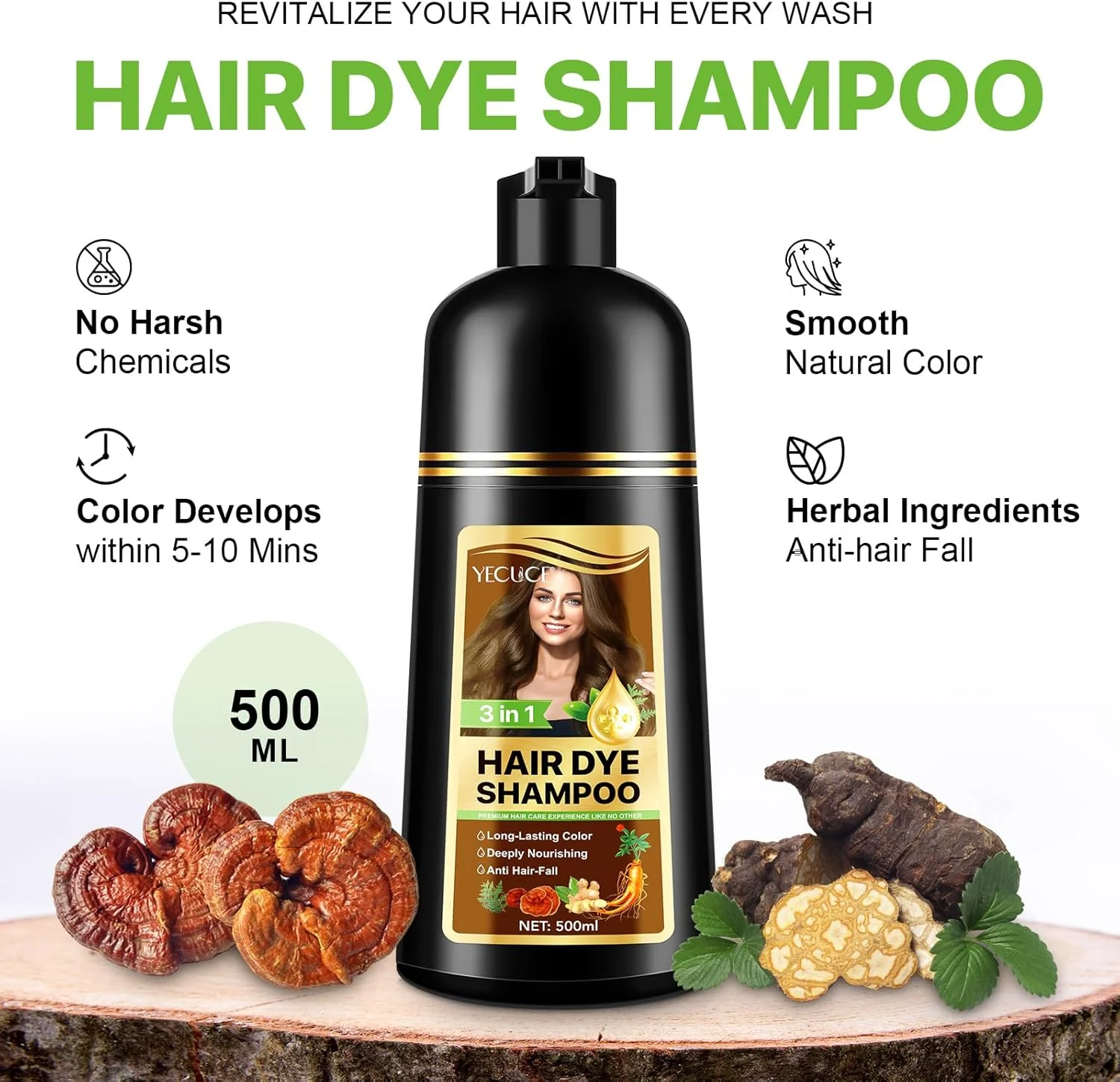شامپو رنگ موی طبیعی 500 میلی لیتر، نتیجه رنگ موی ماندگار بدون کثیف کاری، رنگ کردن آسان و سریع مو در خانه، ایده آل برای موهای سفید و تناژهای قهوه ای تیره (قهوه ای تیره)