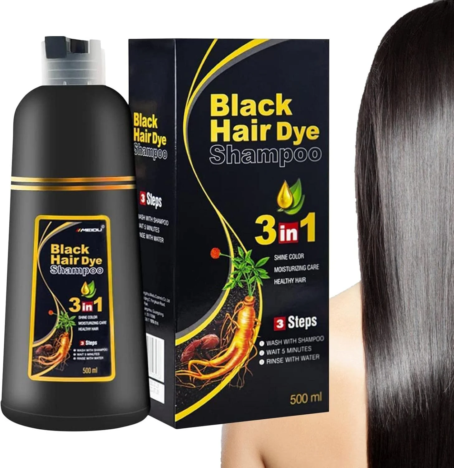 شامپو رنگ مو، شامپو موی مشکی 500 میلی لیتری، رنگ موی فوری برای مردان و زنان، رنگ موی موقت، شامپو رنگ موی نیمه دائمی برای موهای طبیعی، برای پوشاندن موهای سفید-خاکستری