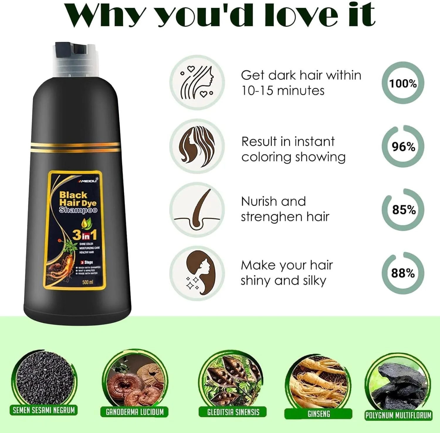 شامپو رنگ مو، شامپو موی مشکی 500 میلی لیتری، رنگ موی فوری برای مردان و زنان، رنگ موی موقت، شامپو رنگ موی نیمه دائمی برای موهای طبیعی، برای پوشاندن موهای سفید-خاکستری