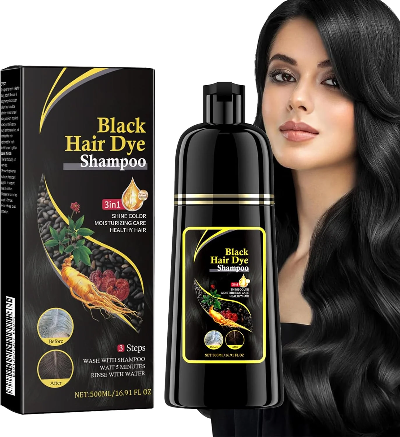 شامپو رنگ مو، شامپو رنگ مو گیاهی طبیعی، رنگ کردن مو در چند دقیقه، شستشوی رنگ 3 در 1 برای پوشش موهای سفید، ایمن، ماندگاری طولانی و استفاده آسان (مشکی، 500 میلی لیتر)