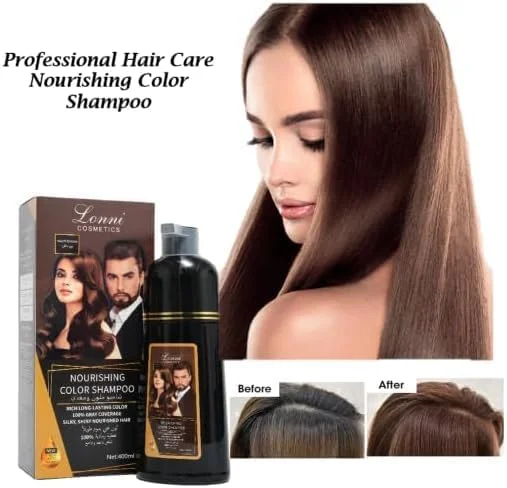 شامپو رنگ مو لونی، شامپو رنگ مو 3 در 1 رنگ آمیزی فوری با مجموعه پودر پوشش ریشه مو مناسب برای پوشش موهای سفید و خاکستری زنان و مردان (400 میلی لیتر، قهوه ای گرم)