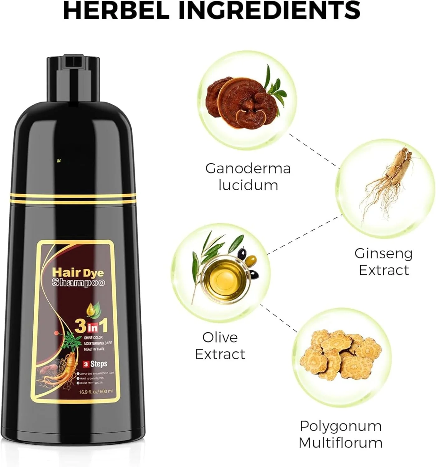 شامپو رنگ مو 500 میلی لیتری، شامپو رنگ مو 3 در 1 با نتیجه فوری در 5 دقیقه، شامپو رنگ مو با ماندگاری طولانی، رنگ کردن موهای سفید به قهوه ای، مراقبت از موی سالم بدون آمونیاک برای آقایان و خانم ها