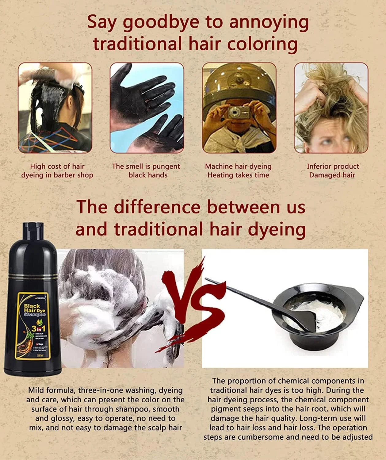 شامپو رنگ موی جدید 2023، شامپو رنگ موی 3 در 1، رنگ موی فوری با مواد گیاهی برای زنان و مردان، شامپو رنگ موی گیاهی برای رنگ کردن موهای سفید و خاکستری در چند دقیقه (قهوه ای)